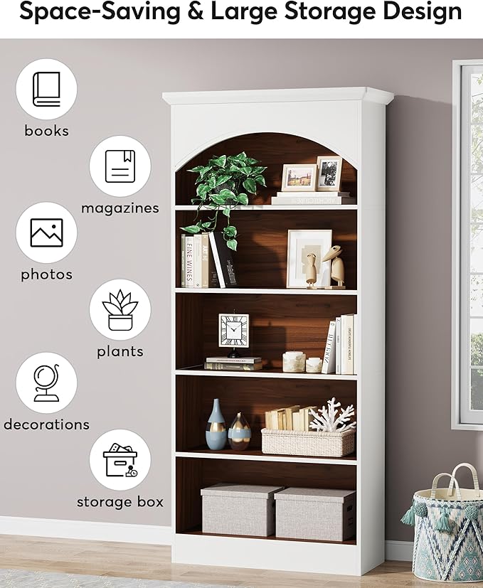 LITTLE TREE 70.9" White Bookcase, 5-Tier Tall Bookshelf with Open Shelves, Wooden Vintage Free-Standing Book Shelf for Living Room, Home Office, Bed Room