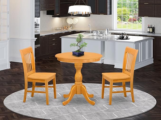 East West Furniture ESNF3-OAK-W 3 Piece Dining Set Contains a Round Dining Table with Pedestal and 2 Kitchen Chairs, 30x30 Inch, Oak