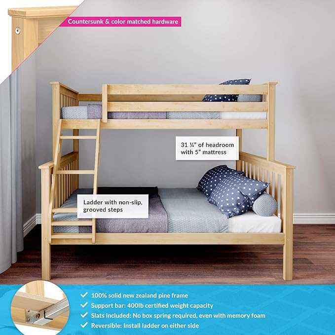 Max & Lily Bunk Bed Twin Over Full Size with Ladder, Solid Wood Platform Bed Frame with Ladder for Kids, 14" Safety Guardrails, Easy Assembly, No Box Spring Needed, Natural