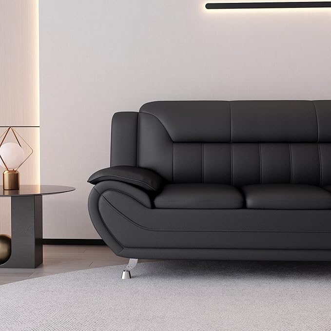 Container Furniture Direct Michael Modern Faux Leather Upholstered Stainless Steel Legs Living Room Sofa, Midnight Black