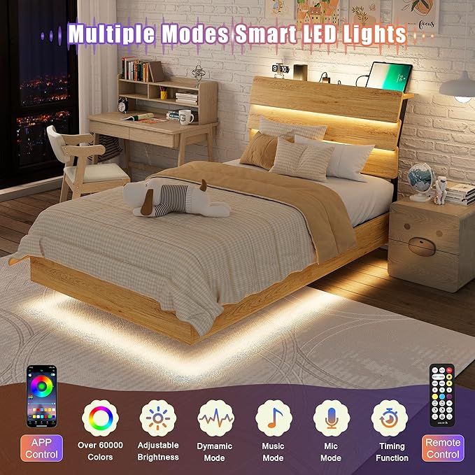 Feonase Floating Bed Frame Twin with Led Lights and Charging Station, Wood Full Size Bed Frame with Storage Headboard, Heavy Duty Metal Slats, No Box Spring Needed, Easy Assembly,Oak