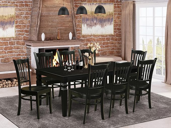 East West Furniture LGGR9-BLK-W 9 Piece Modern Dining Table Set Includes a Rectangle Wooden Table with Butterfly Leaf and 8 Dining Chairs, 42x84 Inch, Black