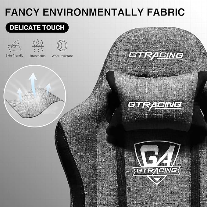 GTRACING Gaming Chair with Footrest, Fabric Breathable Big and Tall Ergonomic Computer Chair 350 lbs with Adjustable Lumbar Support and Recliner, High Back Game Chair for Office Gaming, Darkgray