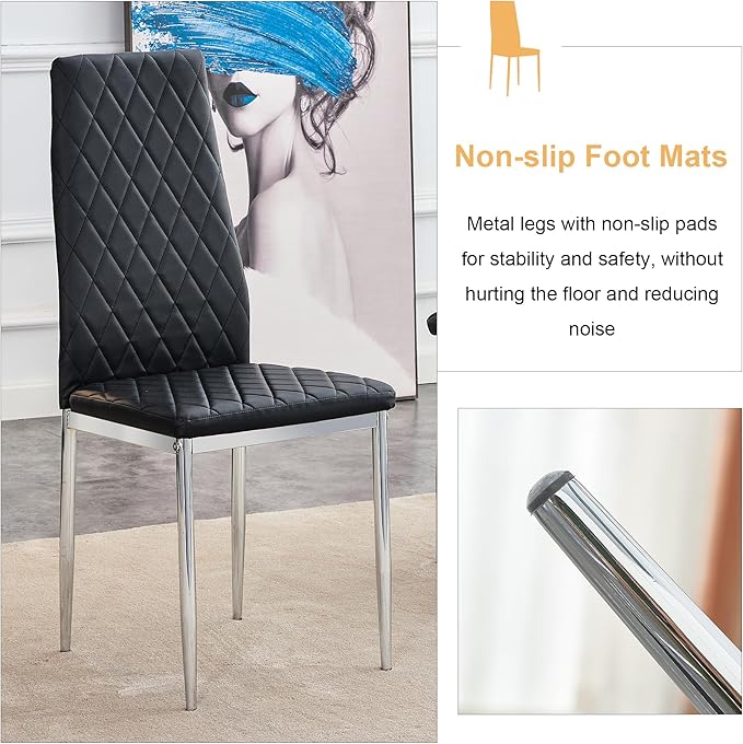 Modern Minimalist Dining Chair Fireproof Leather Sprayed Metal Pipe Diamond Grid Pattern Restaurant Home Conference Chair Set of 4 Or 6 (6, Jet Black)