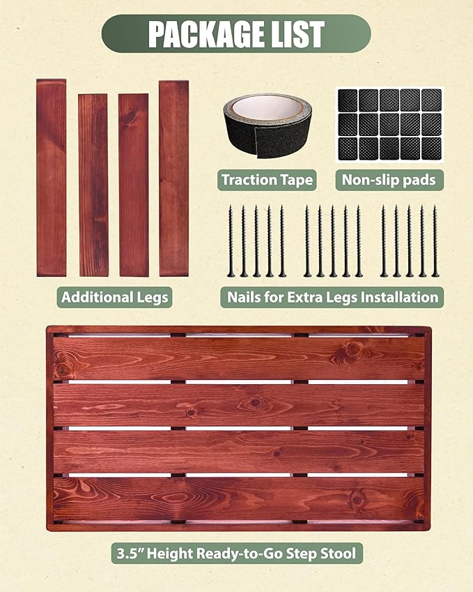3.5"/6" Heightable Wooden Outdoor Step, 100% Heartwood Step Stools for Adults with 4 Additional Legs & Anti-Slip Traction Tape, One Step Stool for Elderly, Adults, Kids (30" L x 16" W)