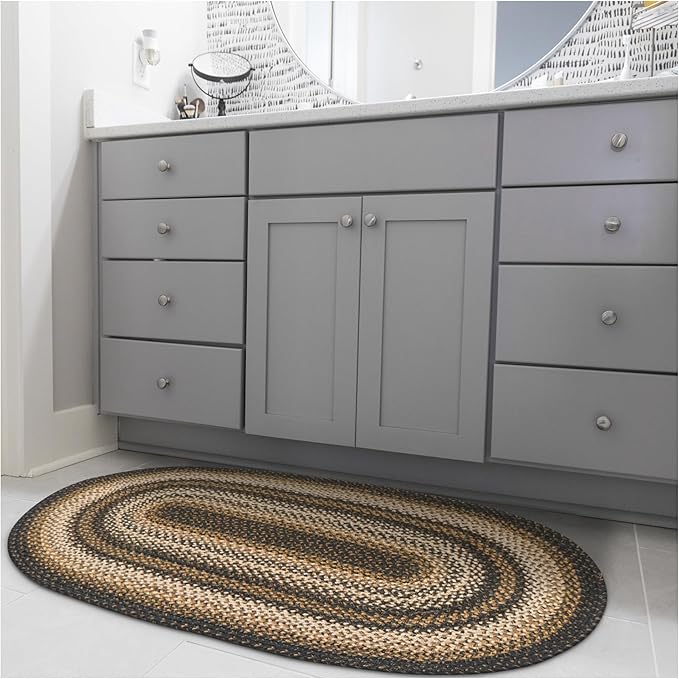 Kilimanjaro Black and Tan Oval Braided Rug, 2x3' - Handmade with Jute, Warm Primitive Decor, Perfect for Bathrooms and Entryways - Reversible and Easy to Clean