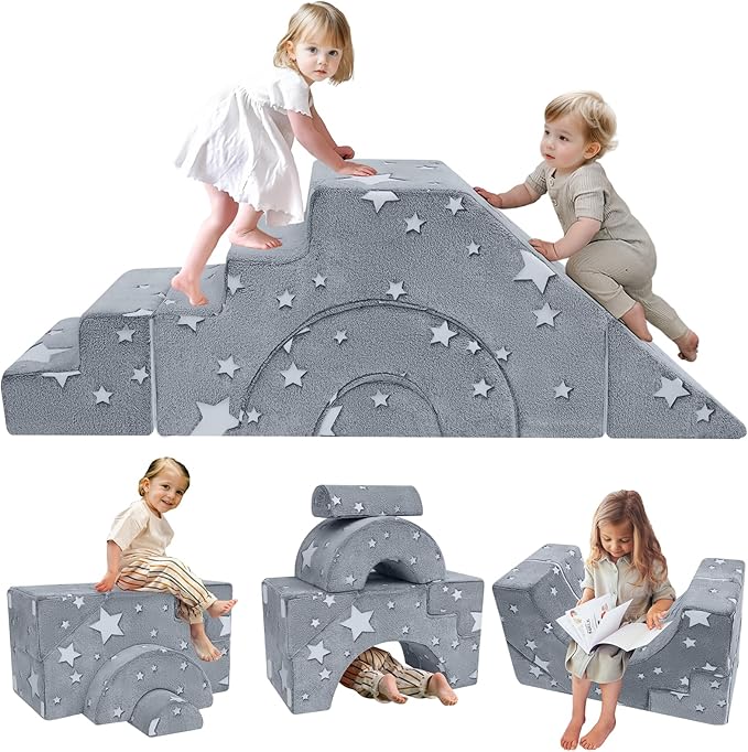 MeMoreCool Foam Climbing Toddler Couch, Modular Kids Sofa with Slide & Stair, Convertible Baby Couch for Playroom, Sectional Furniture for Crawling, Climbing, and Kids’ Play