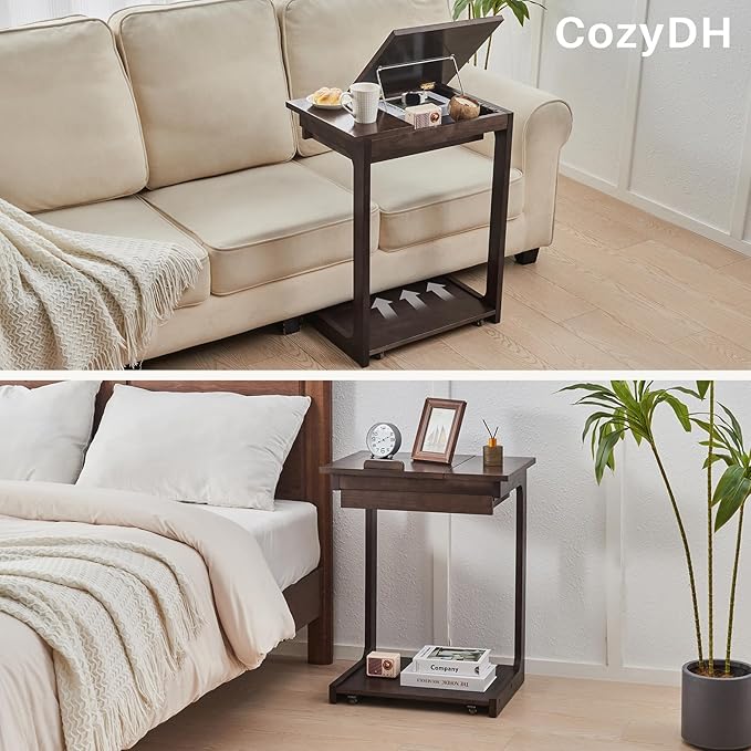 CozyDH Rolling Side Table with Wheels, Adjustable C Shaped End Table for Couch, Solid Wood TV Tray Sofa Arm Table for Eating Multi-Purpose, Small Coffee Table Living Room Bedroom, Walnut