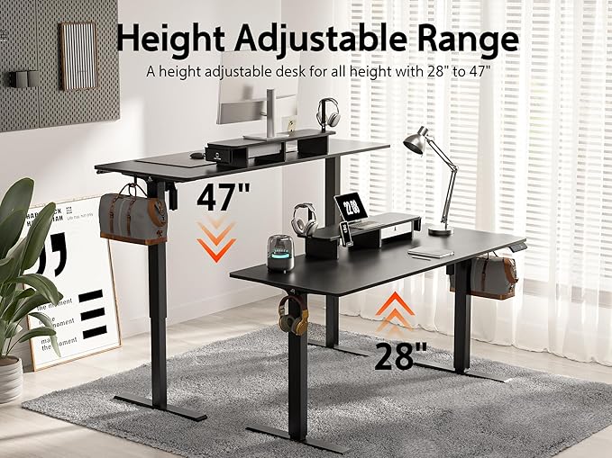55x24 Inches Electric Standing Desk With Drawer and Monitor Stand, Height Adjustable for Home Office, Ergonomic Sit to Stand With Phone Holder, 3 Hooks, Black
