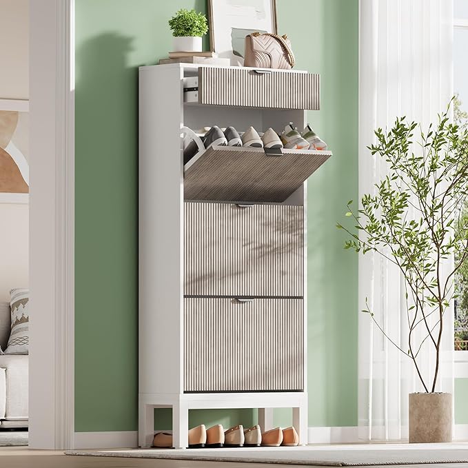 GarveeHome Shoe Cabinet with 3 Flip Doors & 1 Drawer, Entrance Wooden Shoe Rack with Iron Legs, Slim Shoe Storage Cabinet, Modern Fluted Shoe Organizer for Entryway Hallway, White+Grey