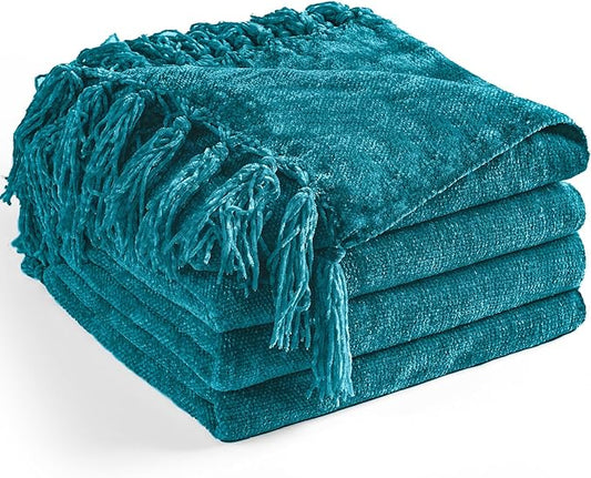Chenille Throw Blanket for Couch 50"X 60", Soft Cozy Throws with Fringe Tassel for Bed Sofa Chair Cover, Lightweight Knitted Decorative Boho Blankets for Living Room, Teal
