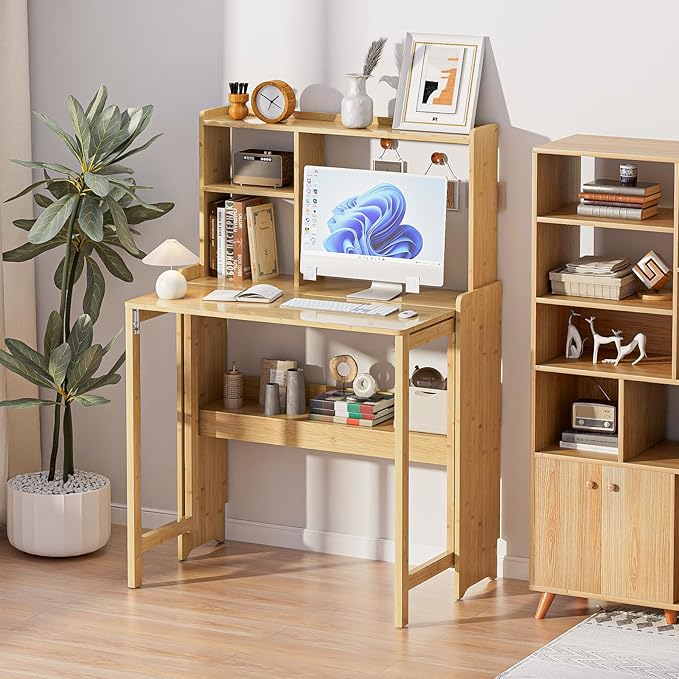 Bamboo Folding Desk with Storage Rack Mid Century Modern Desk for Home Office Bedroom Small Spaces, Natural