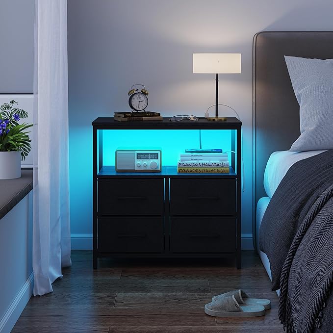 TUTOTAK LED Night Stand with Charging Station, Large Nightstand with USB and Type-C Port, Bedside Table with Cloth Drawers, End Table for Livingroom, Bedroom, Black TB01BK081L