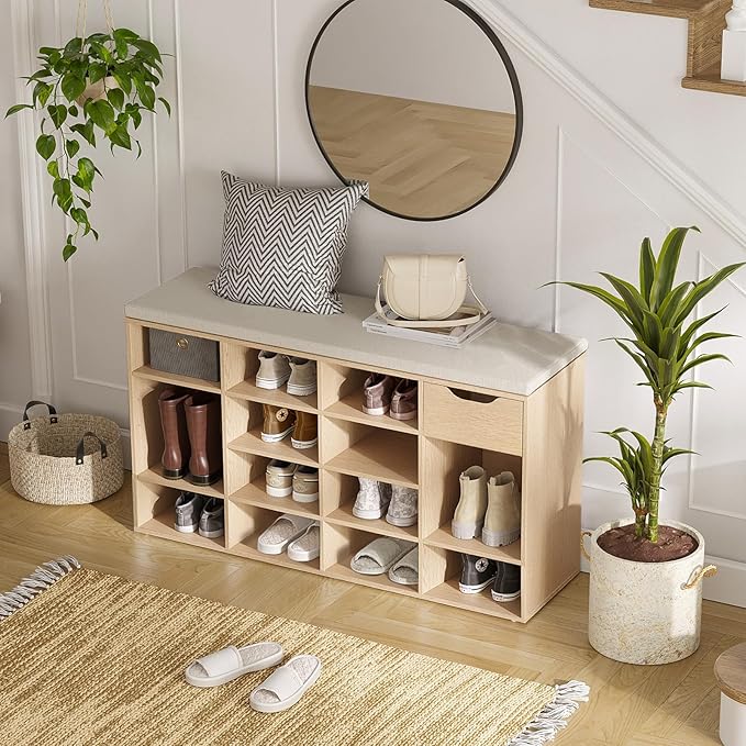 DINZI LVJ Shoe Bench, Entryway Storage Bench with Drawer and 15 Cubbies, Cubby Shoe Rack with Adjustable Shelves, Shoe Organizer Cabinet for Living Room, Bedroom, Mudroom, Closet and Garage, Natural