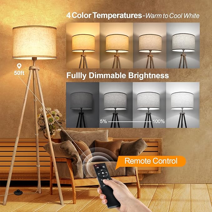 OUTON Tripod Floor Lamp, Floor Lamp with Remote Control, 4 Color Temperature, Modern Dimmable Tall Standing Lamp with Beige Linen Texture Shade for Living Room, Bedroom, Office (Nature Wood)