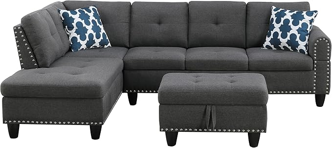 Ball & Cast 98" L Shaped Modular Sectional Couch for Living Room with Chaise & Storage Ottoman,4 Seat Linen Upholstered Sectional Sofa Set 3 PCS W/Cup Holders & Coffee Table,for Home,Office,Dark Gray