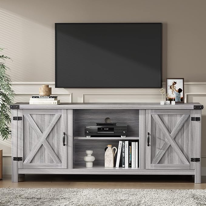 YESHOMY Modern Farmhouse TV Stand with Two Barn Doors and Storage Cabinets for Televisions up to 65+ Inch, Entertainment Center Console Table, Media Furniture for Living Room, 58 Inch, Gray Wash