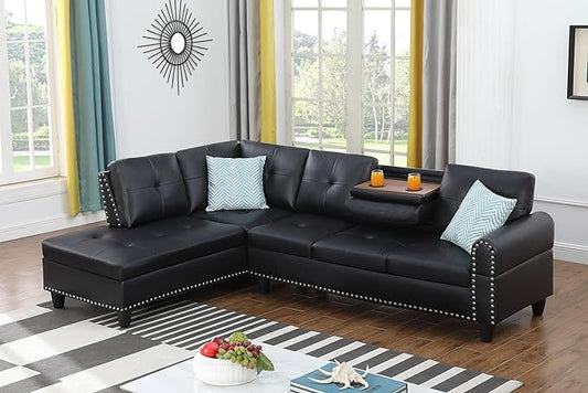 Ball & Cast 98" L Shaped Sectional Couch for Living Room with Chaise & Coffee Table,4 Seat Faux Leather Upholstered Modular Sectional Sofa Set 2 PCS W/Cup Holders & Nailhead Trim,for Home,Office,Black