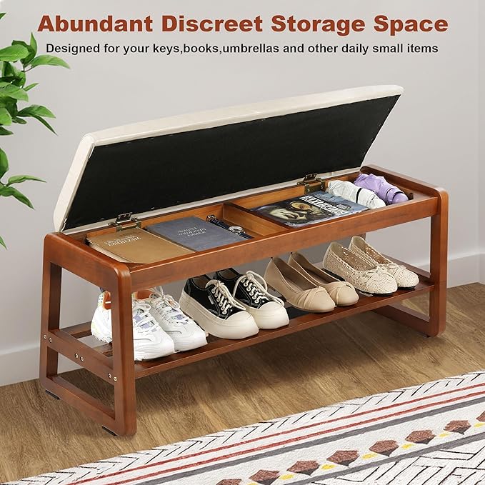 Shoe Bench Storage Rubberwood with Leather Cushion 39.4", Waterproof Easy to Clean 550LBS Organizer Shoe Rack for Entryway, Hallway, Mudroom, Front Door