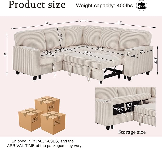Ball & Cast Modular Sectional Sleeper Sofa Bed,L-Shaped Couch W/Pull Out Bed and USB Charging,Cupholders&Storage Seats,Convertible Sleeper Sofa Beds for Living Room,Apartment,Corduroy Fabric,Beige,81"