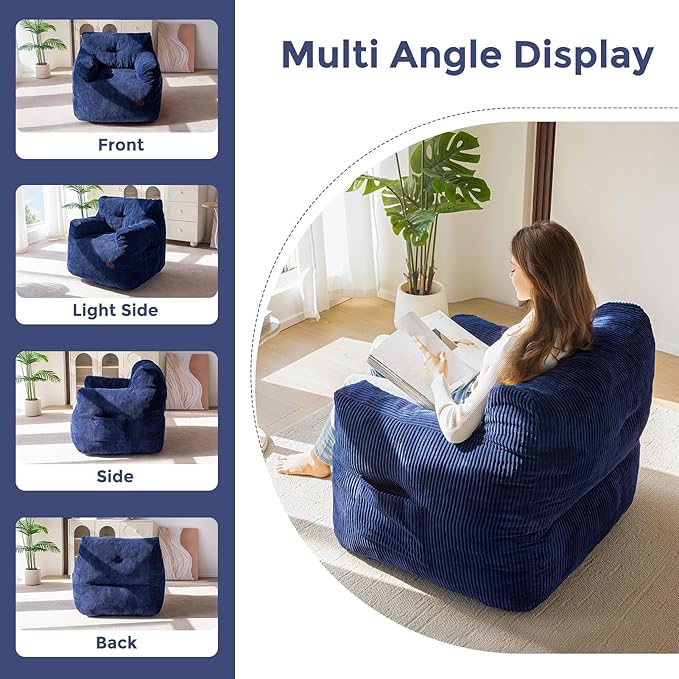 MAXYOYO Bean Bag Chair, Tufted Bean Bag Couch Lazy Chair, Living Room Sofa Couch with Filler for Adult Teens Kids, Corded Fabric Accent Sofa for Bedroom Dorm, Navy