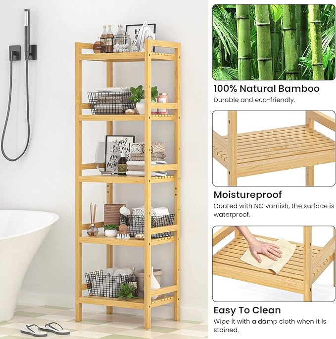 Homykic Bamboo Bookshelf, 5-Tier Narrow 55.9” Adjustable Book Shelf Bookcase Bathroom Shelves Freestanding Storage Stand for Living Room, Bedroom, Kitchen, Rust Resistance, Easy Assembly, Natural