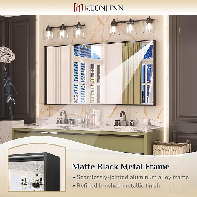 Keonjinn 48 x 24 Inch Black Bathroom Mirrors for Over Sink Bathroom Vanity Mirror for Wall Metal Frame Rectangle Mirror Large Square Corner Matte Black Mirror Full Length Mirror(Horizontal/Vertical)