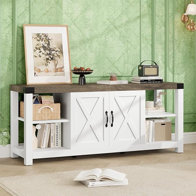 TV Stand for 65 Inch TV, 60 Inch Entertainment Center with Storage, Farmhouse TV Console Table with Shelves, Wooden Media Console Cabinet with Doors, Modern TV Stand for Living Room, Bedroom - White