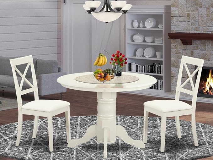 East West Furniture SHBO3-WHI-LC 3 Piece Dinette Set for Small Spaces Contains a Round Kitchen Table with Pedestal and 2 Faux Leather Upholstered Dining Chairs, 42x42 Inch, Linen White