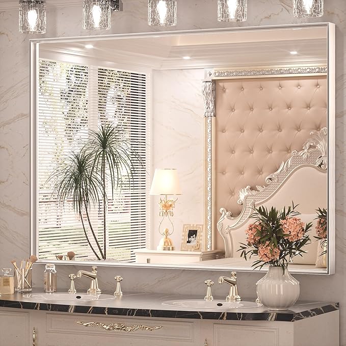 Keonjinn 48 x 36 Inch Silver Bathroom Mirror for Over Sink Large Rectangle Wall Mirror Brushed Metal Framed Square Corner Vanity Mirror Wall Mounted Rectangular Farmhouse Mirror(Horizontal/Vertical)
