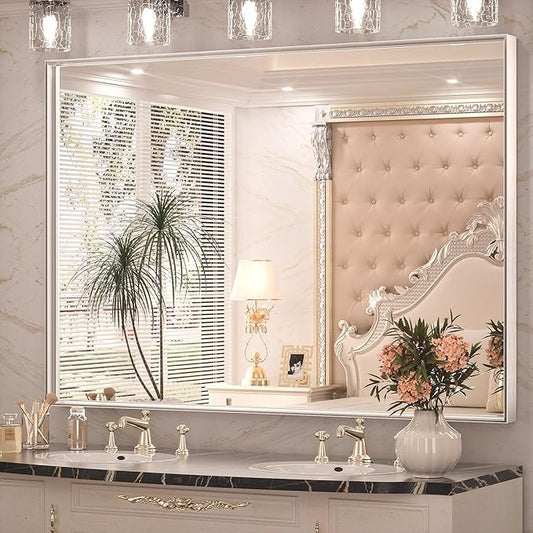 Keonjinn 48 x 36 Inch Silver Bathroom Mirror for Over Sink Large Rectangle Wall Mirror Brushed Metal Framed Square Corner Vanity Mirror Wall Mounted Rectangular Farmhouse Mirror(Horizontal/Vertical)