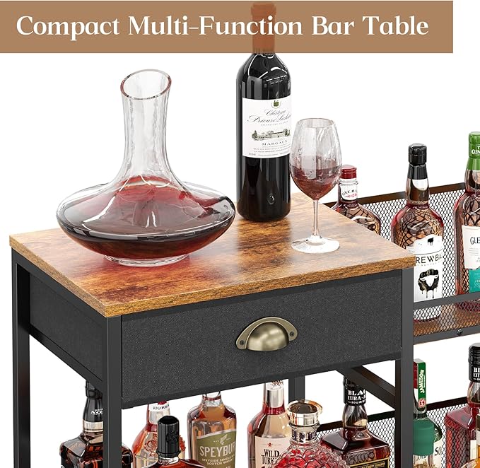Liquor Cabinet Bar for Home with Drawer, 3-Tier Wine Rack Freestanding Floor and Wine Shelf with Step Design for Whiskey, Spirits, Vintage Mini Bar for Kitchen Apartment