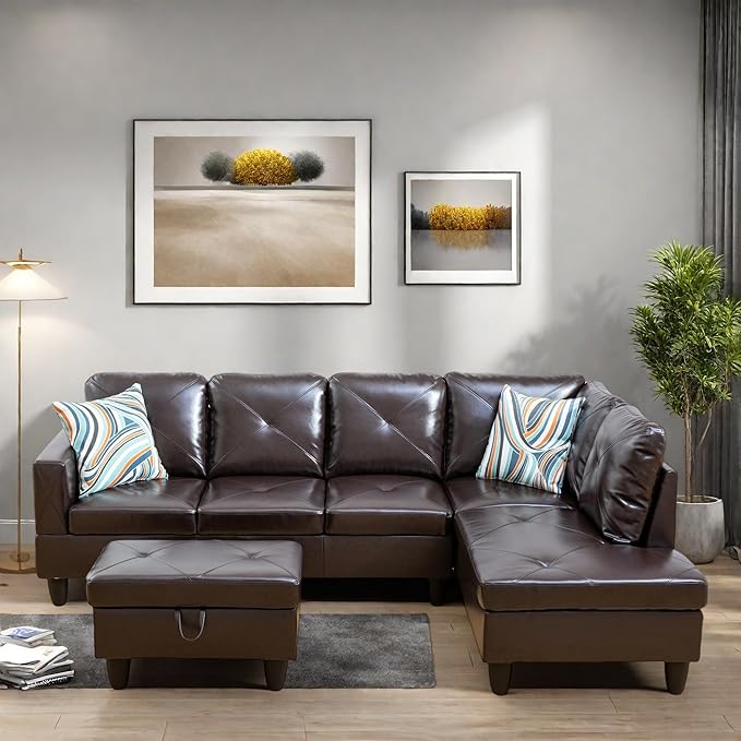 L Shaped Sectional Couches, Modern Modular Sectional Sofa for Living Room Bedroom Furniture, Cozy 4 Seat Couch with Ottoman Storage & Chaise, Brown