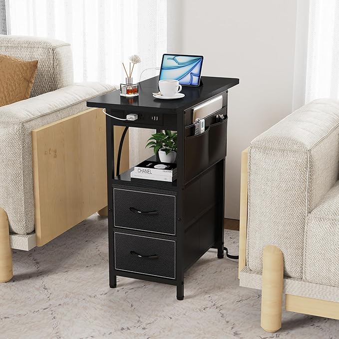 Small Side Table with Charging Station, Narrow Nightstand Bedside Tables with Storage Pocket for Living Room Bedroom, Sofa End Table with USB Ports and Power Outlets for Small Spaces