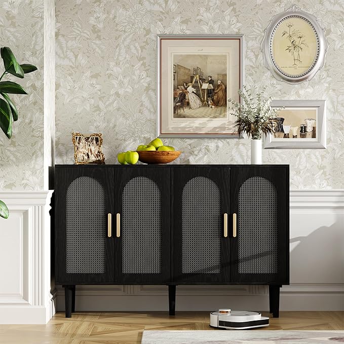 Rattan Cabinet, Mid-Century Modern Buffet Cabinet with 4 Rattan Doors, Black, 47x14x30 inch, Kitchen Sideboard