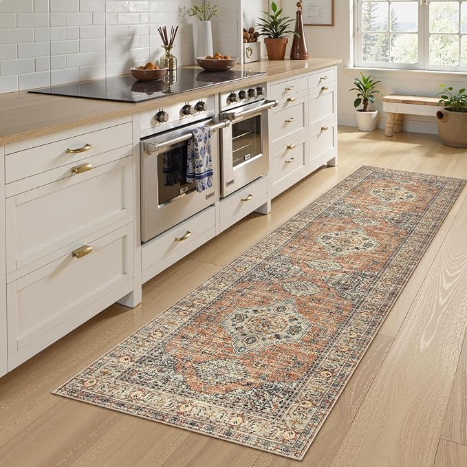 Lahome Oriental Hallway Runner Rug, 2.5x8 Kitchen Runner Non Slip Ultra-Thin, Soft Washable Hallway Rug Distressed Non Shedding Long Carpet for Entryway ‎Laundry Room Bathroom, Peach/Orange