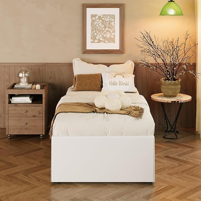 EMODA 18 Inch Twin XL Bed Frames with White Cover, Heavy Duty XL Twin Metal Platform Bed Frame No Box Spring Needed, Noise Free, Easy Assembly