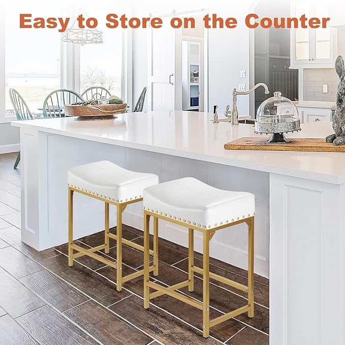 Bar Stools Set of 4 Counter Height, 24" Modern Off White & Gold Counter Stools Set of 4, Stools for Kitchen Counter, Modern Barstools Saddle Stool Backless Island(Off White+Gold)