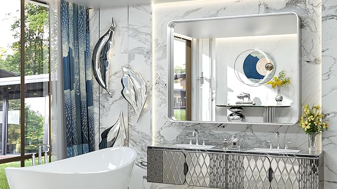 TokeShimi 48x40 Inch Brushed Silver Bathroom Mirror for Wall Metal Rounded Corner Rectangle Mirror Metal Frame Deep Set Design Hangs Horizontal Or Vertical