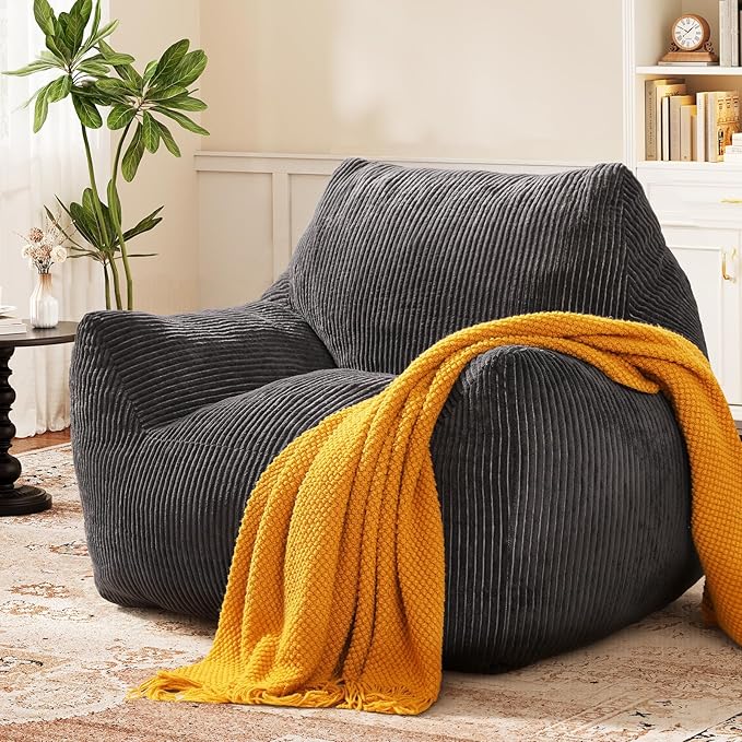 Big Bean Bag Chair for Adults & Kids, Ultra Soft Living Room Bean Bag with Armrests, Stuffed BeanBag Floor Sofa for Napping, Gaming, Lounging, Dark Gray
