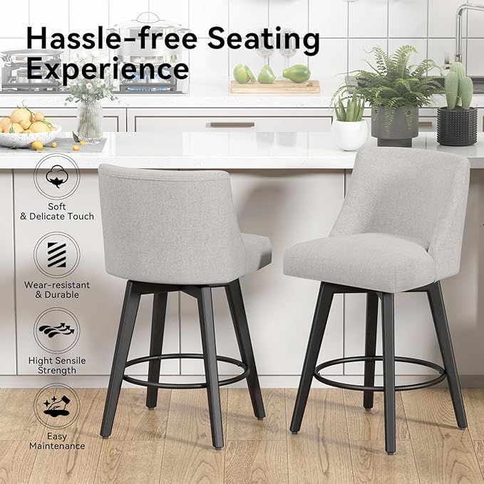 Counter Height Swivel Bar Stools Set of 2, 26 Inch Bar Stools with Footrest, Linen Fabric Upholstered Barstools with Back and Solid Wood Legs for Kitchen Island, Dining Room,Pub,Light Grey