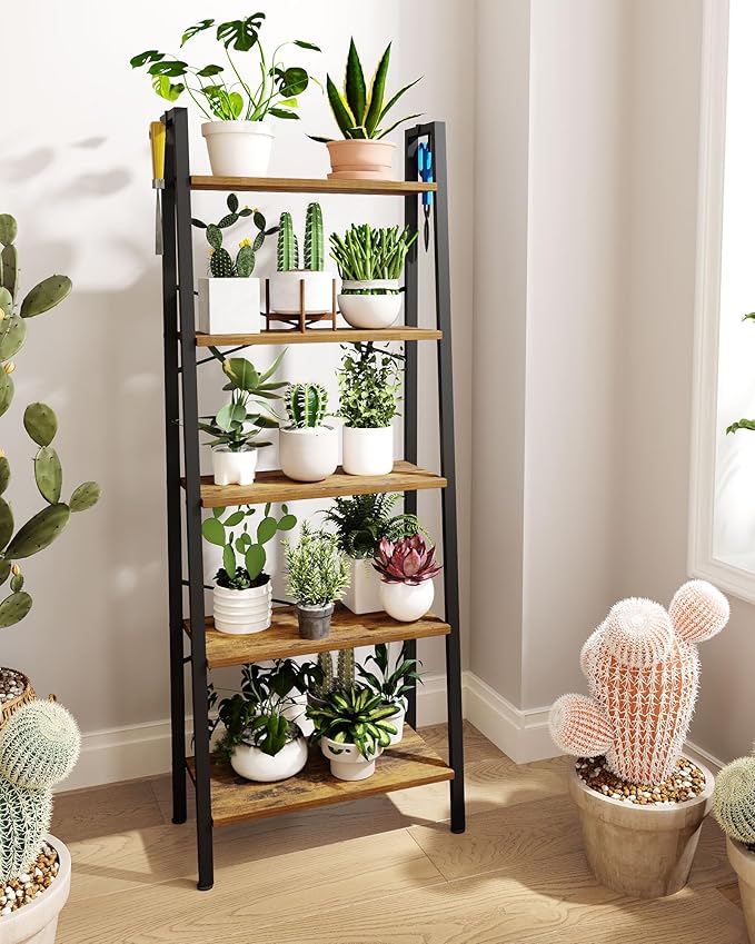 Ladder Shelf, Bookshelf Bookcase, Freestanding Corner Storage Shelve with 2 Hooks for Home Office, Living Room, Kitchen, Bedroom, Industrial, 5-Tier Rustic Brown BC19301B