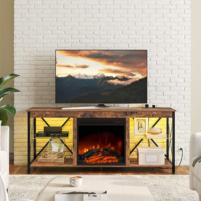 HOOBRO Fireplace TV Stand with Charging Station and LED Lights, TV Stand with Fireplace for TVs up to 65", Entertainment Center with Fireplace, Glass Shelves, Rustic Brown and Black BF140UDDS01