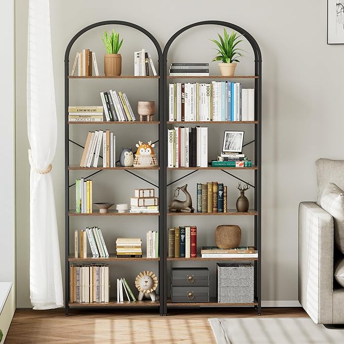 Homhedy 6-Tier Bookshelf Arched Display Racks, Wood and Metal Bookcase, Tall Bookshelf, Industrial Display Standing Shelf Unit, for Home Office, Living Room, Bedroom, Bathroom, Rustic Brown