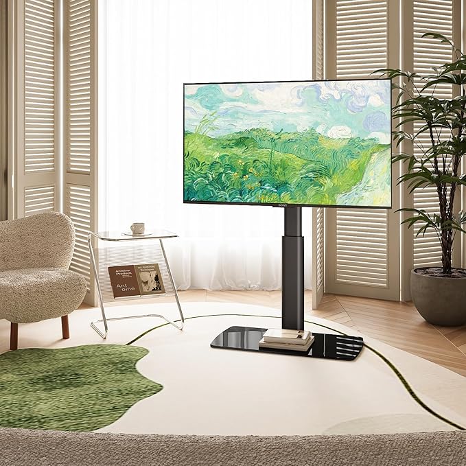 FITUEYES Universal TV Stand Mount for 43-80 85 inch TVs, Swivel Tall TV Mount Stand, Table Top TV Stand Base Replacement, Height Adjustable TV Table Stand, Glass Base, Max Holds 110lbs