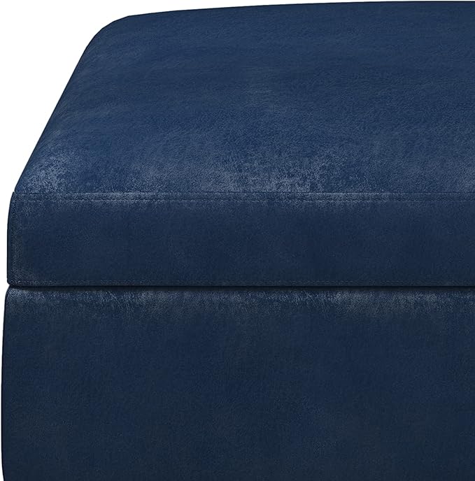 SIMPLIHOME Owen 36 inch Wide Mid Century Modern Square Coffee Table Storage Ottoman in Distressed Dark Blue Vegan Faux Leather, Assembled, for the Living Room, Entryway and Family Room