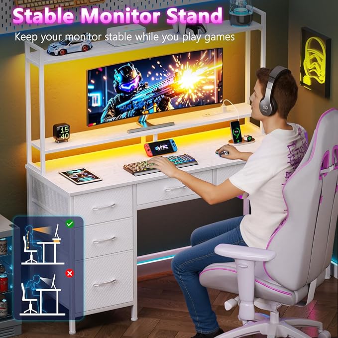 Computer Gaming Desk with Hutch, Home Office Desk with Power Outlets, LED Light, 5 Storage Drawers, 2 Tiers Shelves for Display, 47 Inch Modern Study Writing Table for Bedroom, White