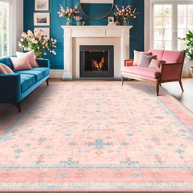 Washable Pink and Blue 9x12 Oushak Rugs for Living Room Rug Bedroom Girls, Modern Floral Aethestic Distressed Design, Soft Faux Wool Low Pile Non Slip Stain Resistance Carpet