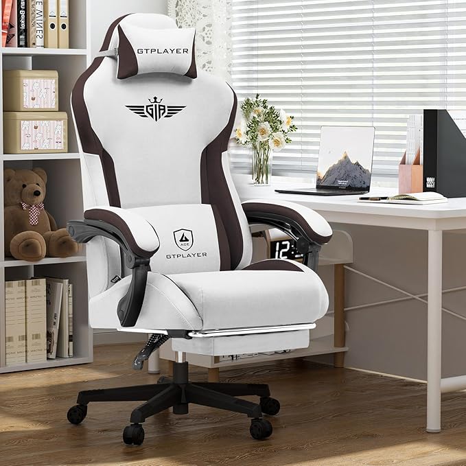 GTPLAYER Gaming Chair Fabric with Footrest, Big and Tall Game Chair High Back Computer Office Chair with Lumbar Support for Adults, Ergonomic Swivel Games Chair with Cushion Gaming Brown