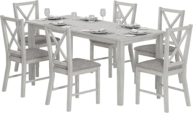 7-Piece Solid Wood Dining Table Set for 6, Modern Breakfast Dinette Kitchen Table with Chairs for Dining Room, Kitchen, Grey